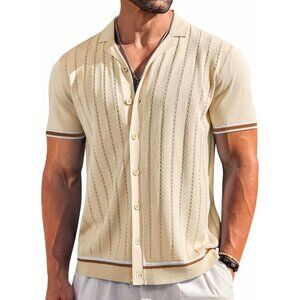 Men's Tan Short Sleeve Knit Shirt Casual Button Down Shirt Vintage
